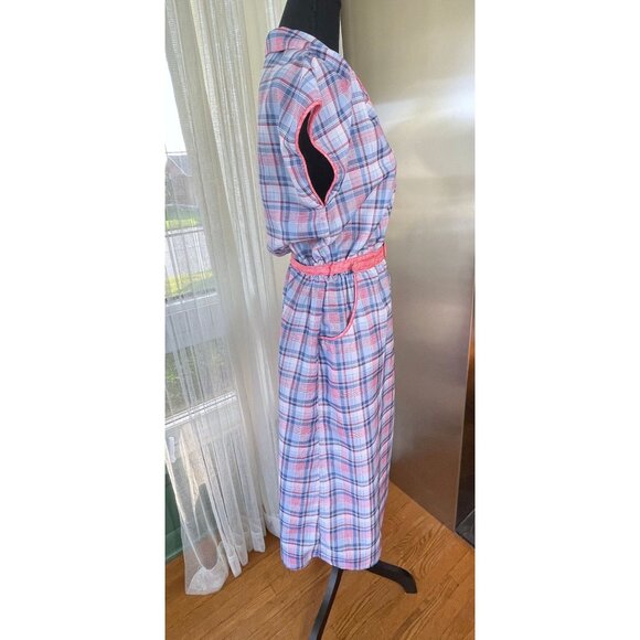 Vintage late 70s dress, pink blue plaid pattern, short sleeves, Ilan Fashions - Picture 6 of 10